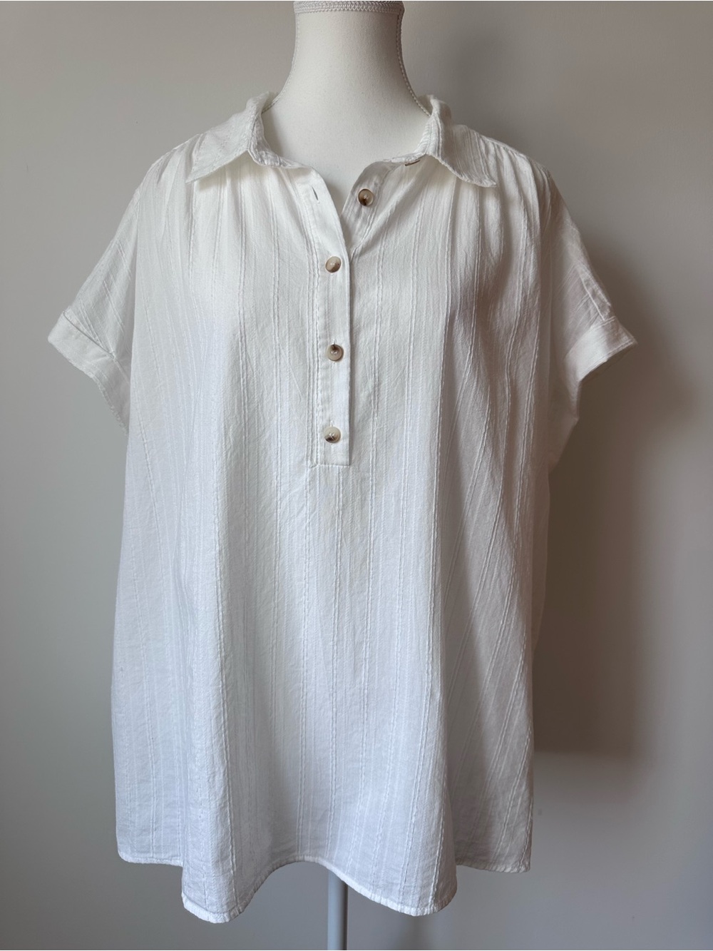 Andreé by Unit 100% Cotton White Cap Sleeve Henley Half Placket Shirt Coastal 3X